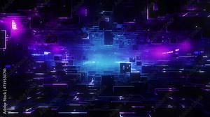 Geometric shapes in the sky mirroring the jagged landscape below. Electric blues and purples painting a scene of digital innovation. Seamless loop animation render