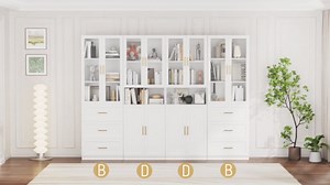 VOWNER Bookcase with Glass Doors & Drawers, 5 Tier Bookshelf with Adjustable Shelf, Modern Large Storage Display Cabinet Set for Home Office, Living Room, White (AD)