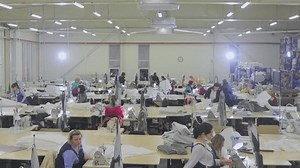 Garment factory interior. Women in the sewing industry. Large sewing production. There are many seamstresses in the workshop.