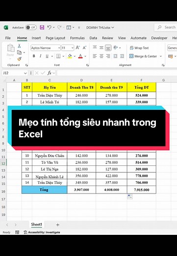 Mẹo tính tổng siêu nhanh trong Excel