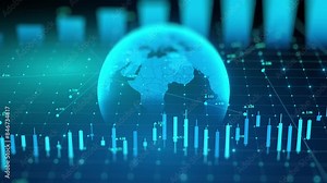 Visual representation of global financial data featuring candlestick charts and a digital world map background in blue tones.