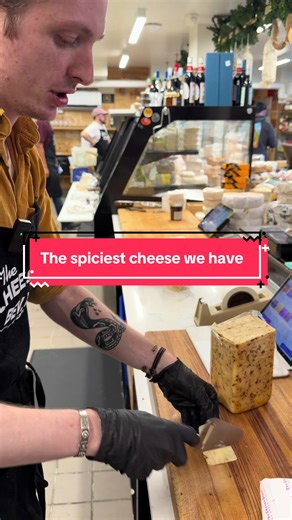 The spiciest cheese we have! Pasteurized cows milk cheese, 4 Alarm Cheddar is a unique cheddar made with ghost, chili, chipotle, and jalapeño peppers. #cheesestoreofbeverlyhills #cheesetok #cheesemonger #beverlyhills