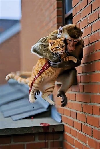 monkey save injured cat🐾🕊️🐒