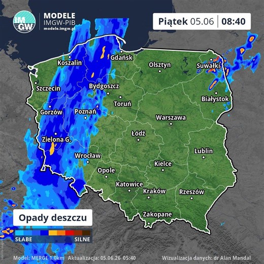 Prognoza opadu na 8 godzin (Model MERGE) 5.06.2026 #ostrzeżenia #imgw #ostrzeżenia #news