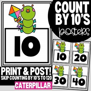 Spring Caterpillar-Themed Skip Counting by 10 Posters & Practice Cards