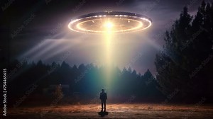 A man looks at a UFO or alien floating above a rice field in the clouds. floating above the sky flying objects like spaceships and alien invasion, extraterrestrial life, space travel, spaceships