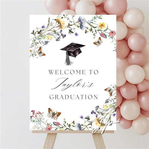 Wildflower Butterflies Grad Party Welcome Sign Editable Spring Floral Graduation Entrance Board Template Women's College Grad Cap Download - Etsy