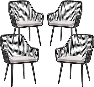 Patiorama Outdoor Dining Chairs, Patio Dining Chair Set of 4, All-Weather Woven Rope Rattan Chairs, Outdoor Dining Wicker Chairs with Armrests for Indoor Balcony Pool Backyard(Black)