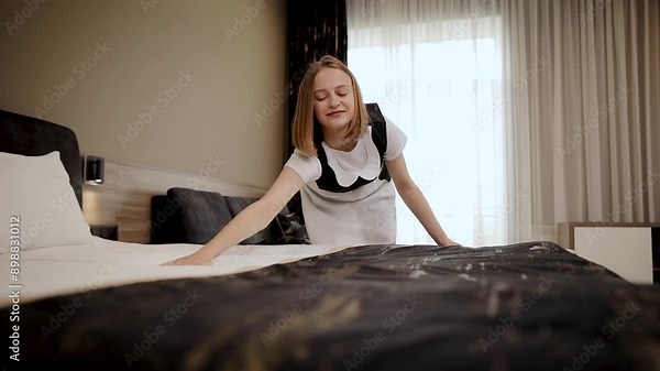 Female employee at the hotel beautifully makes the bed in the client's room. The concept of a five star hotel and quality room service. Chambermaid cleaning bedroom