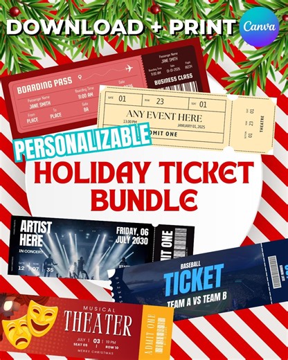 Holiday Ticket Bundle – Editable Canva Template | 10 Printable Gift Ticket Templates for Experience Reveal - Etsy