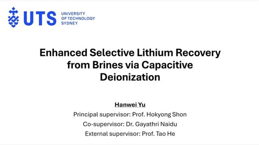 Enhanced Selective Lithium Recovery from Brines via Capacitive Deionization - Ms Hanwei Yu | HK Shon