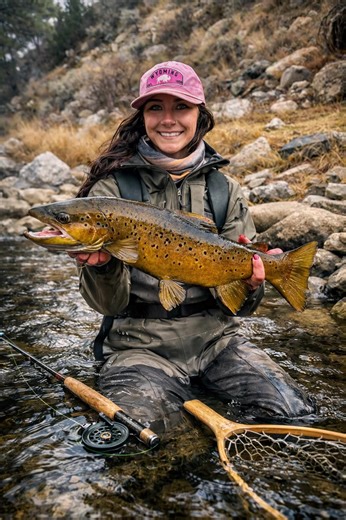 Caught this big guy on the fly yesterday, the fight was so fun! Also really thankful I had my cousins there to help me net him 😅 Release video here soon. (: #Wyoming #fypシ #flyfishing #browntrout #windy