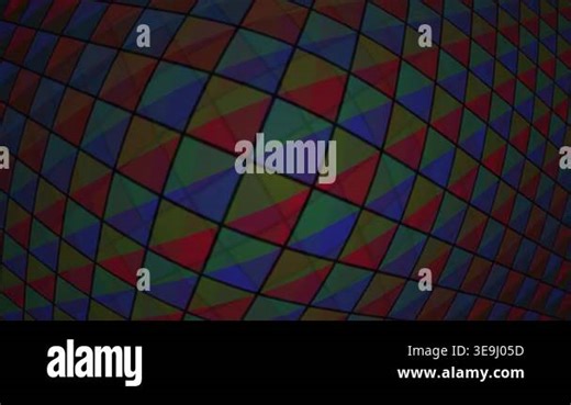 A dark abstract background featuring shifting geometric grid patterns with subtle color changes and warping motion effects in red blue and green tones Stock Video Footage - Alamy