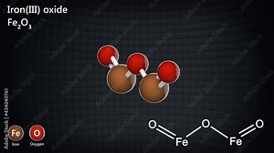 Iron(III) oxide (ferric oxide, hematite, ferric iron, red iron oxide, rouge). Formula Fe2O3. 3D render. Seamless loop. Chemical structure model: Ball and Stick.
