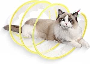 Folded Cat Tunnel Toy, Indoor Cat Toy Tunnel, Toy Tunnel with Mouse/Bell/Feather, Interactive Kitten Toy Tunnel, Yellow