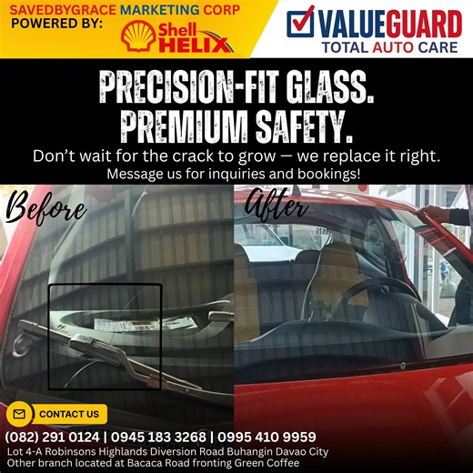 🚗 WINDSHIELD REPLACEMENT SERVICE A cracked or damaged windshield doesn’t just block your view — it compromises your safety on every drive. At SBG & Valueguard, we replace your windshield with precision-fit glass to ensure: ✔ Crystal-clear visibility ✔ Stronger structural integrity ✔ Leak-free installation ✔ Safer, more confident driving Don’t wait for cracks to spread. Upgrade your visibility and keep every trip protected. 🚗 SBG & Valuegard – Your Trusted Partner in Tires & Auto Care!🚗 👉 Phi