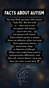 Facts About Autism You may think you know what autism “looks like.” But the truth is — when you’ve met one person with autism, you’ve met only one person with autism. Every autistic person is unique. Some are talkative, others are quiet. Some experience sensory sensitivities, sleep or digestive challenges. Others may simply have social or communication differences — and that’s all. Autism doesn’t have one face, one voice, or one story. 🌈 #autismfamily #autismawarenessmonth #autismoinfantil #aut