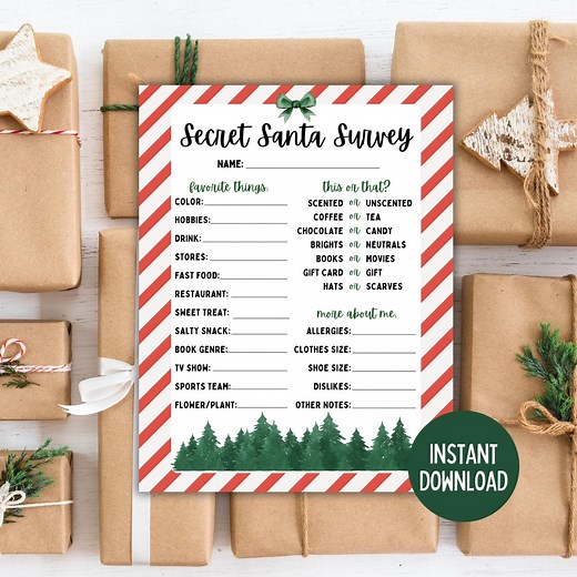 Printable Secret Santa Survey | Secret Santa for Coworkers | Secret Santa Questionnaire | Christmas Gift Exchange| Secret Santa for Adults - Etsy