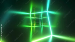 Endless flight in the corridor with a laser neon curve. Modern ultraviolet lighting. Blue green light spectrum. Seamless loop 3d render