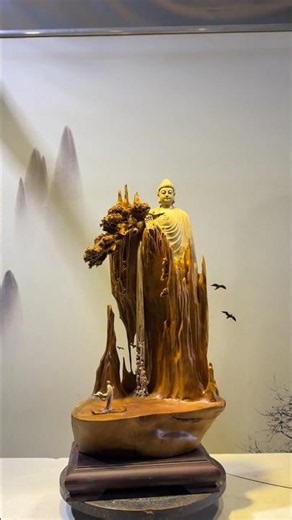 🪵🙏 Divine Buddha on a Sacred Wooden Cliff 🌿✨ #art #buddha #wood statue #buddha image#woodworking