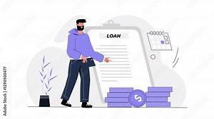 A flat vector scene animation illustrating the process of loan operations, from application to approval, showing the essential steps in securing financial support.
