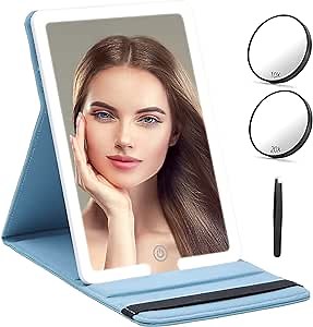 Travel Mirror with Light and Round 10X 20X Magnifying Mirror, PU Leather Travel Makeup Mirror with 3 Light Settings, Portable LED Lighted Makeup Mirror of 8 * 5.5inch, with 2000mAh (Set-Blue)
