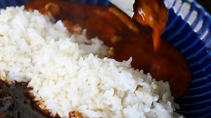 インスタントカレーを皿に注ぐビデオの接写。