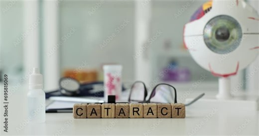 Eye drops glasses and the word cataract and eye structure on table of ophthalmologist. Cataract causes symptoms treatment and prevention of vision