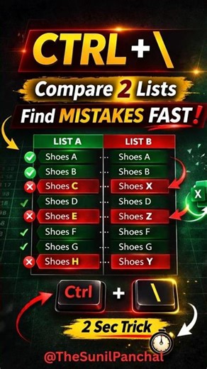 Compare Two Lists in Excel in 2 Seconds | CTRL + \\ Shortcut