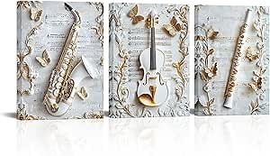 xiysien Musical Instruments Wall Art Flute Saxophone Violin Pictures Canvas Wall Decor 3D Painting Abstract Musical Instruments Canvas Prints 12''x16''x3PCS