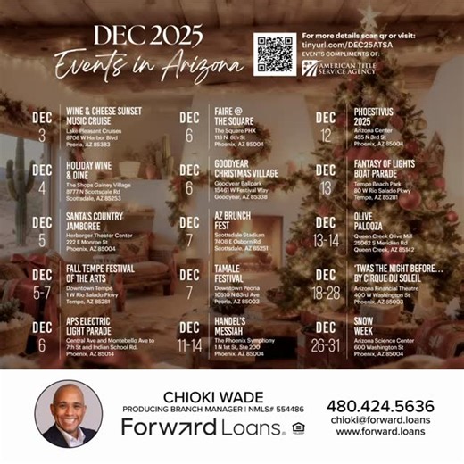 🎄✨ December 2025 Events in Arizona! 🎅🌵 The Valley is packed with holiday fun — from wine cruises and light parades to brunch fests and Cirque du Soleil, there’s something for everyone! 🍷🎡🎭 Here are a few can’t-miss favorites: 🎨 Fall Tempe Festival of the Arts (Dec 5-7) 🎄 APS Electric Light Parade (Dec 6) 🍳 AZ Brunch Fest (Dec 7) 🛥️ Fantasy of Lights Boat Parade (Dec 13) 🎪 “’Twas the Night Before…” by Cirque du Soleil (Dec 18-28) ❄️ Snow Week at AZ Science Center (Dec 26-31) 👉 Save th