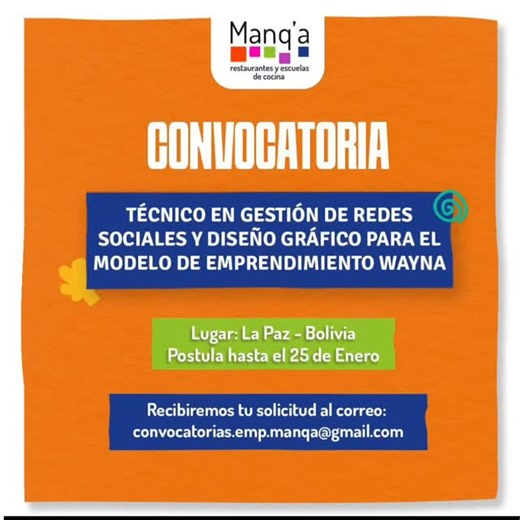 Red Internacional de Promotores ODS Bolivia on Instagram: "🌟 ¿Te apasiona el marketing digital y diseñar marcas para impulsar emprendimientos de jóvenes? En Manq’a estamos buscando un Técnico en Gestión de Redes Sociales y Diseño Gráfico que apueste por el crecimiento de emprendimientos. Si tienes experiencia diseñando y gestionando estrategias de redes sociales y visibilizar emprendimientos. ¡Esta oportunidad es para ti! 📄 Revisa los Términos de Referencia y postula aquí: 👉 Descargar TDRs ht
