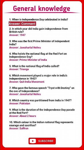 Independence day gk questions and answers #generalknoledgegkq independence #gk #gkshorts #india