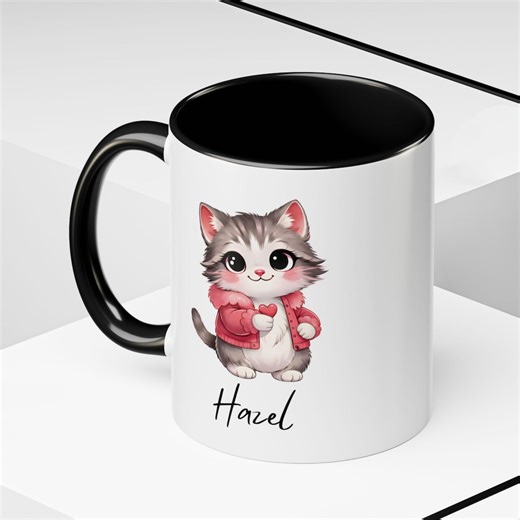 Gray Cartoon Cat Coffee Mug, Custom Name Cat Lover Gift, Personalized Pet Owner Cup - Etsy