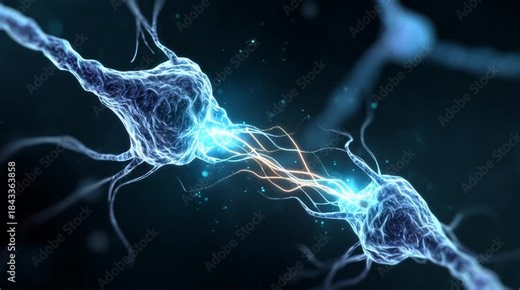 Neural Connection in Focus: A stunning, hyperrealistic image unveils the intricate connection between two neurons, depicting the fascinating complexity of neural pathways within the human brain.