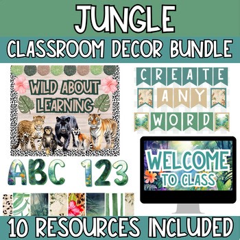 Jungle Theme Classroom Decor Bundle | Editable Bulletin Boards, Labels & Slides