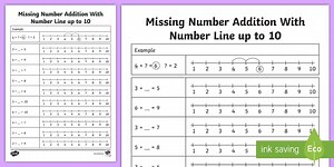 Missing Number Addition with a Number Line up to 10 Worksheet