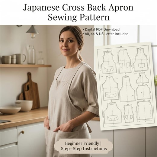 Japanese Cross Back Apron Pattern • Beginner Friendly Sewing, Pockets (digital Download) - Etsy