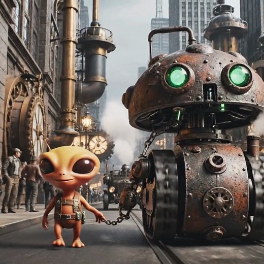 This a place where this little alien have ensalved the robot and treating it like a puppy ☄烙 | AI Sci-fi | Facebook