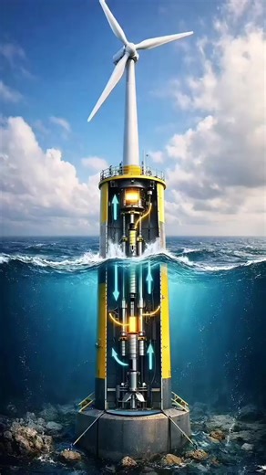 Hybrid Wind-Wave Energy Hollow Column (kolom berongga) pada pondasi terapungnya. Menjadi pelampung statis, kolom ini juga berfungsi sebagai ruang kerja untuk sistem energi gelombang. Oscillating Water Column (OWC) Transmisi Hidrolik (Hydraulic Pistons) #energy #teknologi #turbine #electricity #technology
