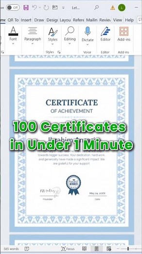 How to Create Bulk Student Certificates in Under 1 Minute | Mail Merge MS Word #Shorts