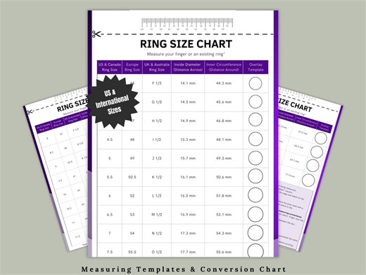 Ring Size Chart | Ring Sizer | Ring Size Finder | Printable Ring Size Chart Rings | Ring Size Conversion Chart | International Conversions - Etsy