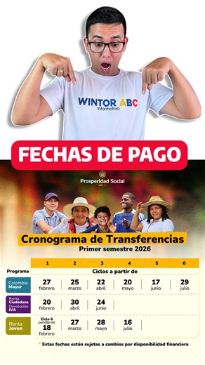 Estas son las fechas de pago de los programas sociales de los subsidios que entrega Prosperidad Social en el primer semestre 2026. En la primer comentario les dejo el link. #wintorabc #subsidios #prosperidadsocial #Sisben #cronograma | Wintor ABC