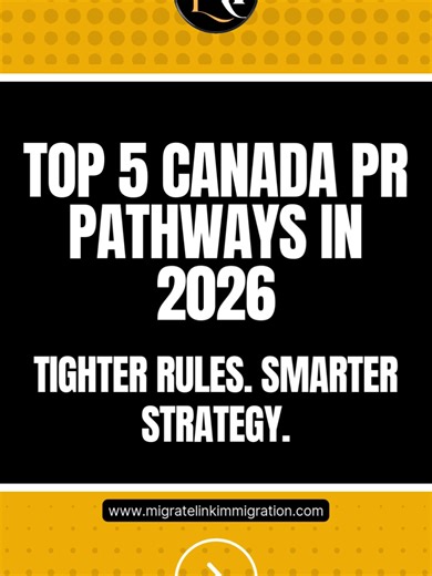 Top 5 Canada PR Pathways in 2026 🇨🇦 Canada’s PR system is tighter in 2026 — but the right strategy can still get you approved. ✔ Express Entry ✔ Provincial Nominee Programs ✔ Atlantic Immigration Program ✔ Rural & Francophone Community Pilots ✔ Spousal Sponsorship 📌 One strong pathway one smart backup = PR success in 2026. 👉 Save this video & follow for real immigration updates. . . . . . #CanadaPR2026 #CanadaImmigration #PermanentResidency #ExpressEntry #PNPCanada #migratelinkimmigration