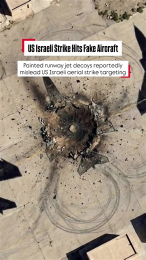 🇮🇷 Images circulating online suggest that a target hit on an Iranian runway may actually have been a painted or 3D-style aircraft decoy rather than a real fighter jet. Defense analysts say such large runway paintings or mock-ups can deceive aerial surveillance systems and waste enemy munitions. Similar deception tactics have been used in modern warfare to protect real assets hidden in shelters or underground facilities. However, the authenticity of the viral images and claims remains under ver