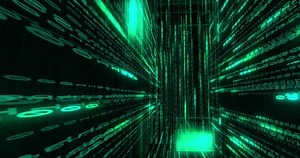 Coding, hologram and digital with data transfer in server room of binary code, programming and cloud computing. Metaverse, pattern and connection of it, network system and software update of security