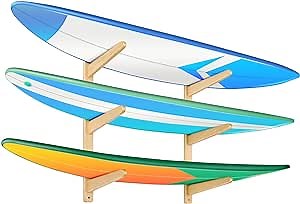 Surfboard Rack for Wall with 3 Layers, Horizontal Surfboard Wall Mount for Home and Garage Organized, Hardwood Surboard Hanger, Surfboard Holder Hanging Shelf for Longboard, Shortboard, Snowboard