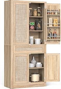 70" Tall Kitchen Pantry Cabinet, Rattan Storage Cabinet with Drawer and Spice Rack, Pantry Cabinet for Kitchen, Living Room and Dinning Room