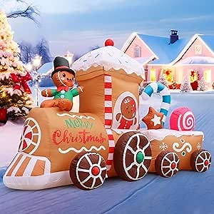 10 Ft Long Christmas Inflatables Train Decorations, Gingerbread Train Blow Up Outdoor Inflatable Decor with Built-in LED Light, Xmas Train with Hot Cocoa Mug Candy Gingerbread Man for Garden Lawn Yard