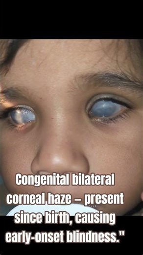 Congenital bilateral corneal haze — present since birth, causing early-onset blindness."